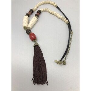 CHICO'S Necklace Statement Brown Tassel Faux Ivory Southwest Tribal Style Long